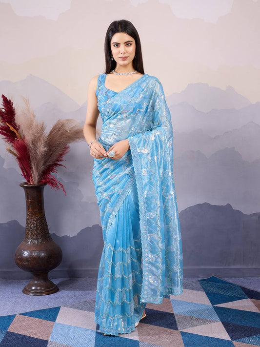 Nile Blue Party Wear Net Saree