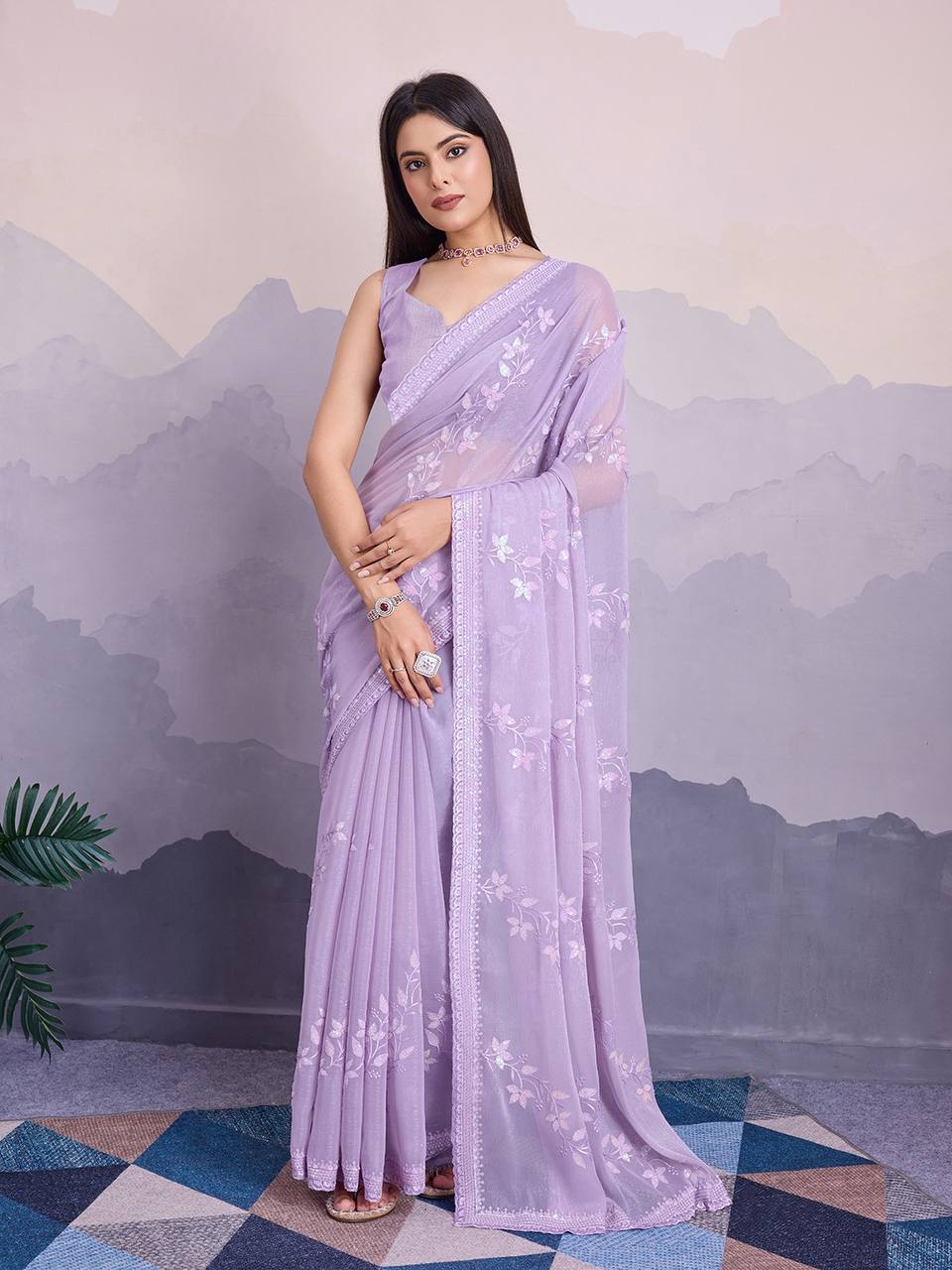 Lavender Party Wear Simmer Chiffon Saree