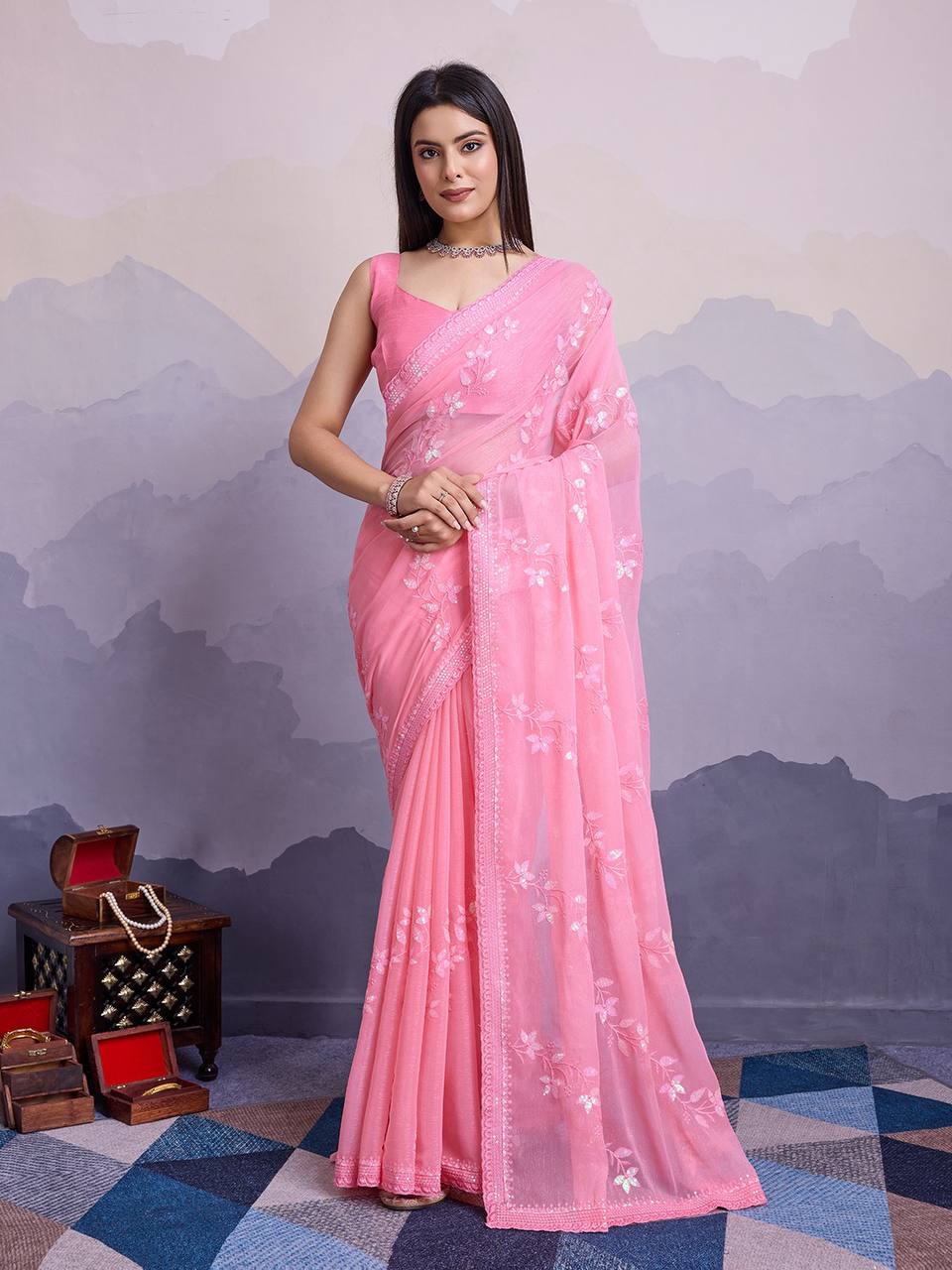 Salmon Pink Party Wear Simmer Chiffon Saree