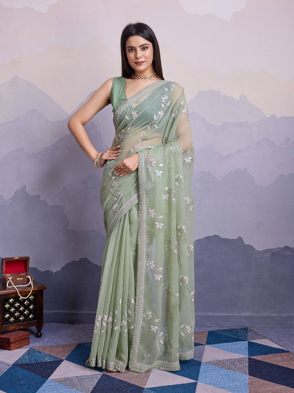 Dusty Green Party Wear Simmer Chiffon Saree