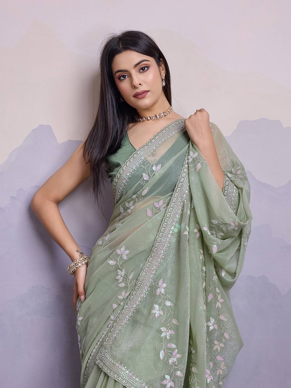 Dusty Green Party Wear Simmer Chiffon Saree