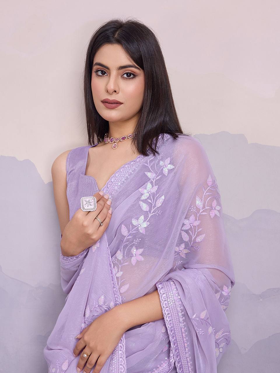 Lavender Party Wear Simmer Chiffon Saree