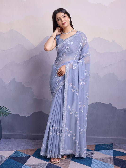 Oslo Gray Party Wear Simmer Chiffon Saree