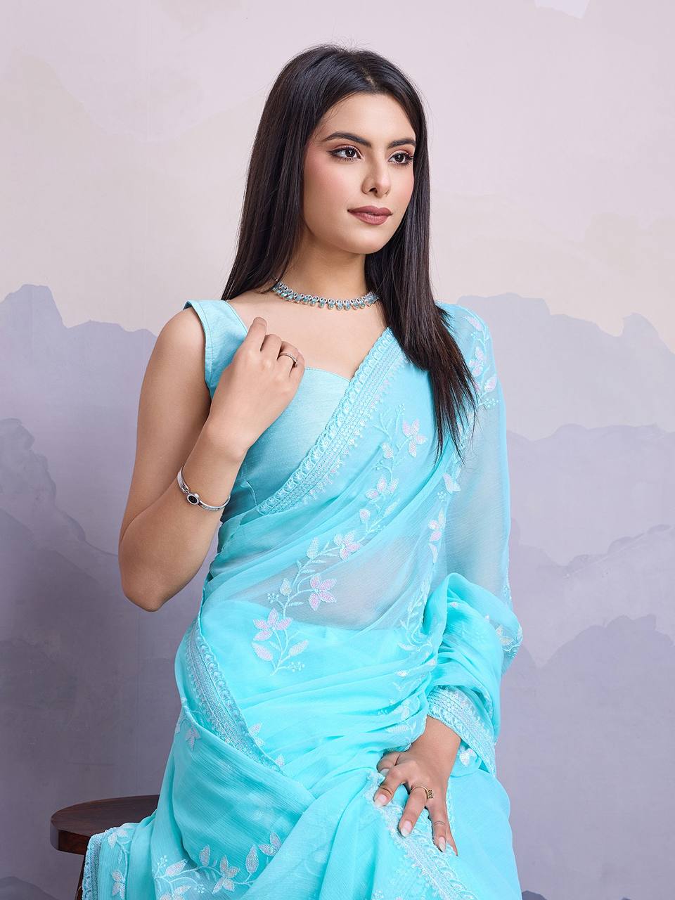 Tourquise Blue Party Wear Simmer Chiffon Saree