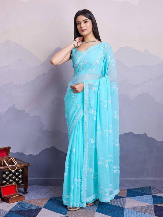 Tourquise Blue Party Wear Simmer Chiffon Saree