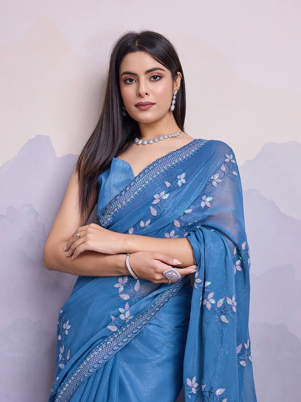 Nile Blue Party Wear Simmer Chiffon Saree