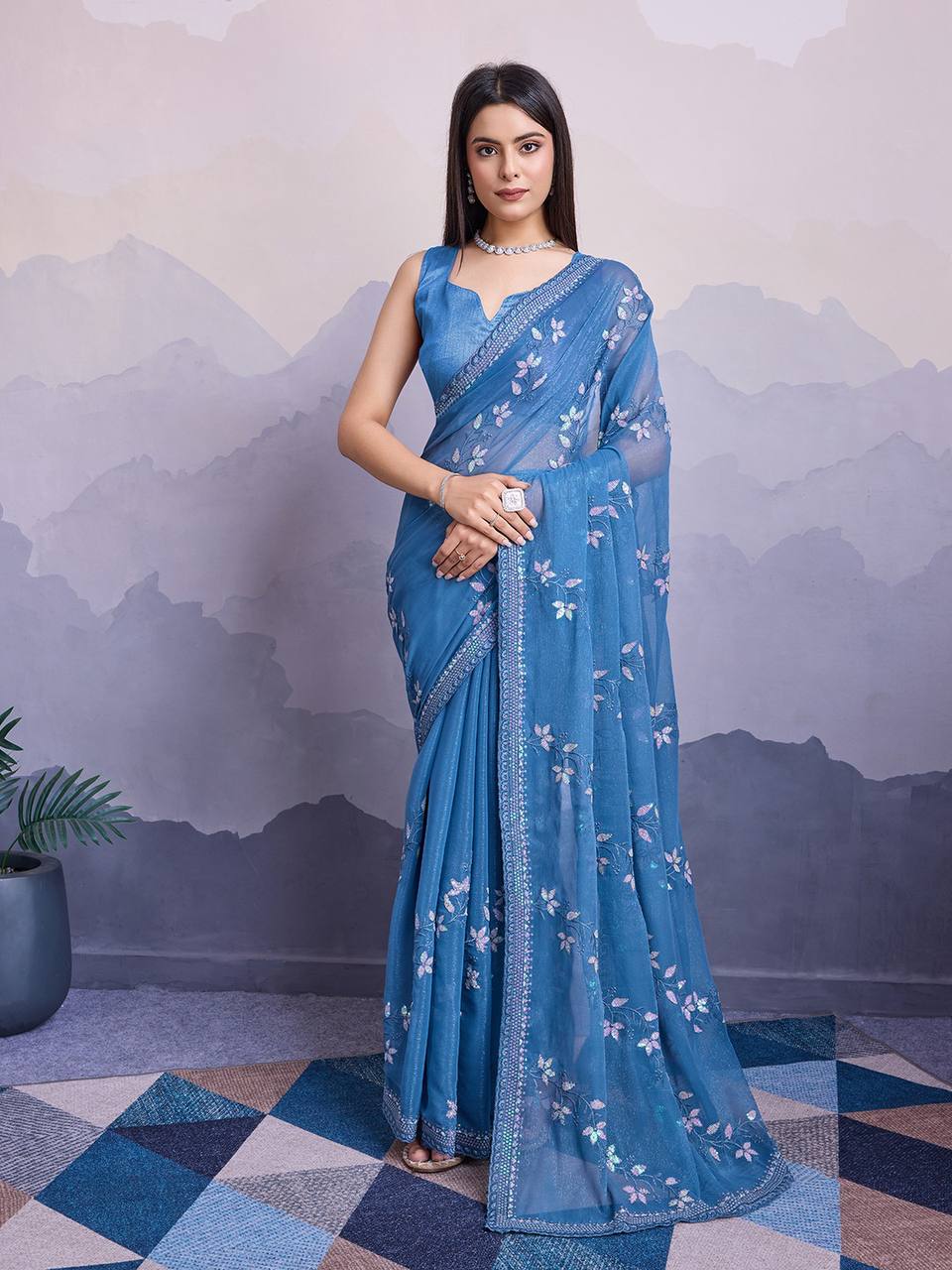 Nile Blue Party Wear Simmer Chiffon Saree