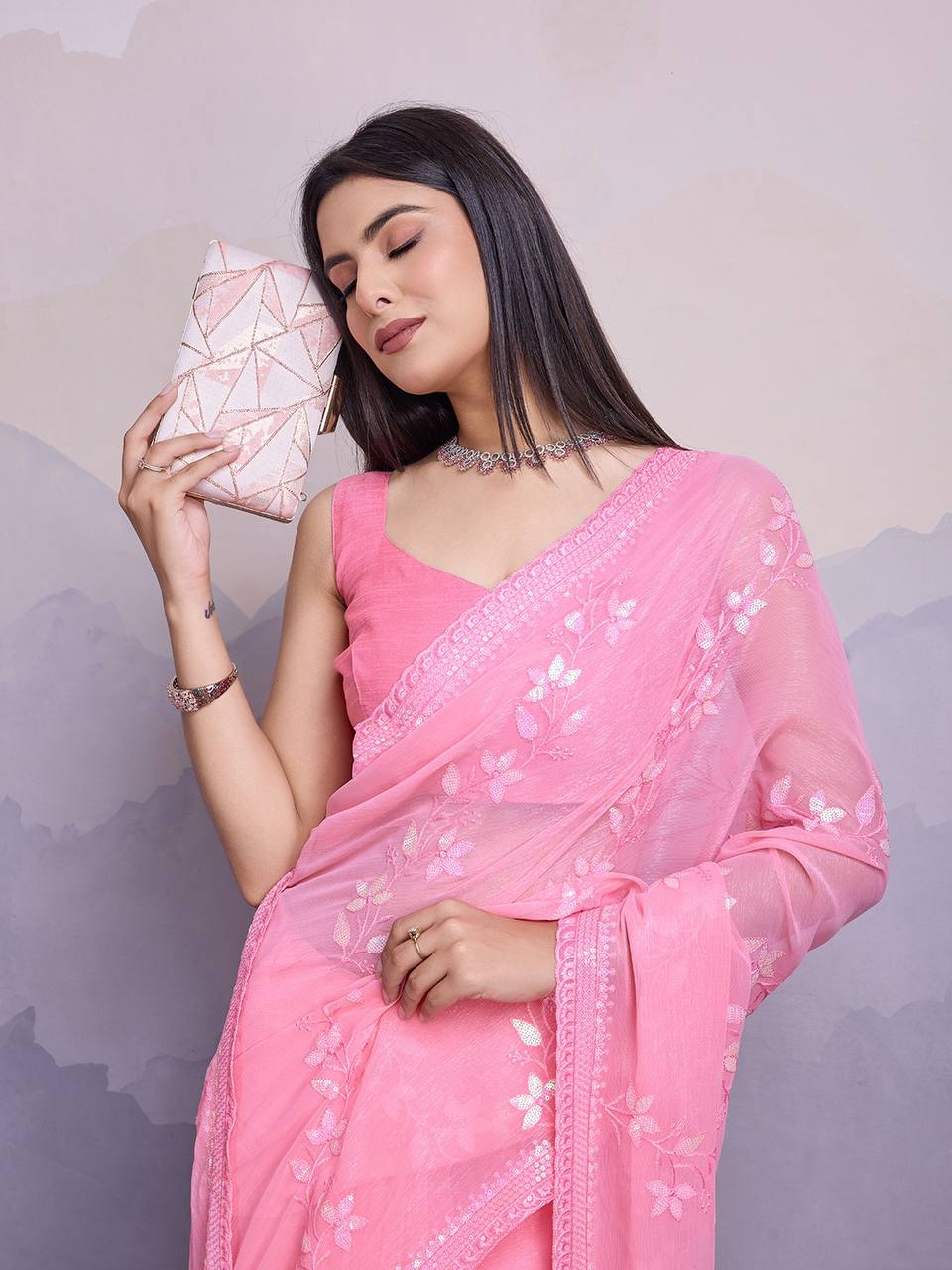 Salmon Pink Party Wear Simmer Chiffon Saree