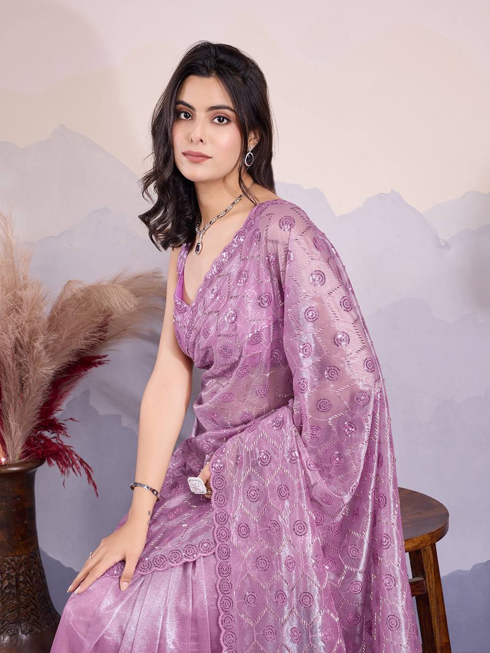 Onion Pink Party Wear Twill Net Saree