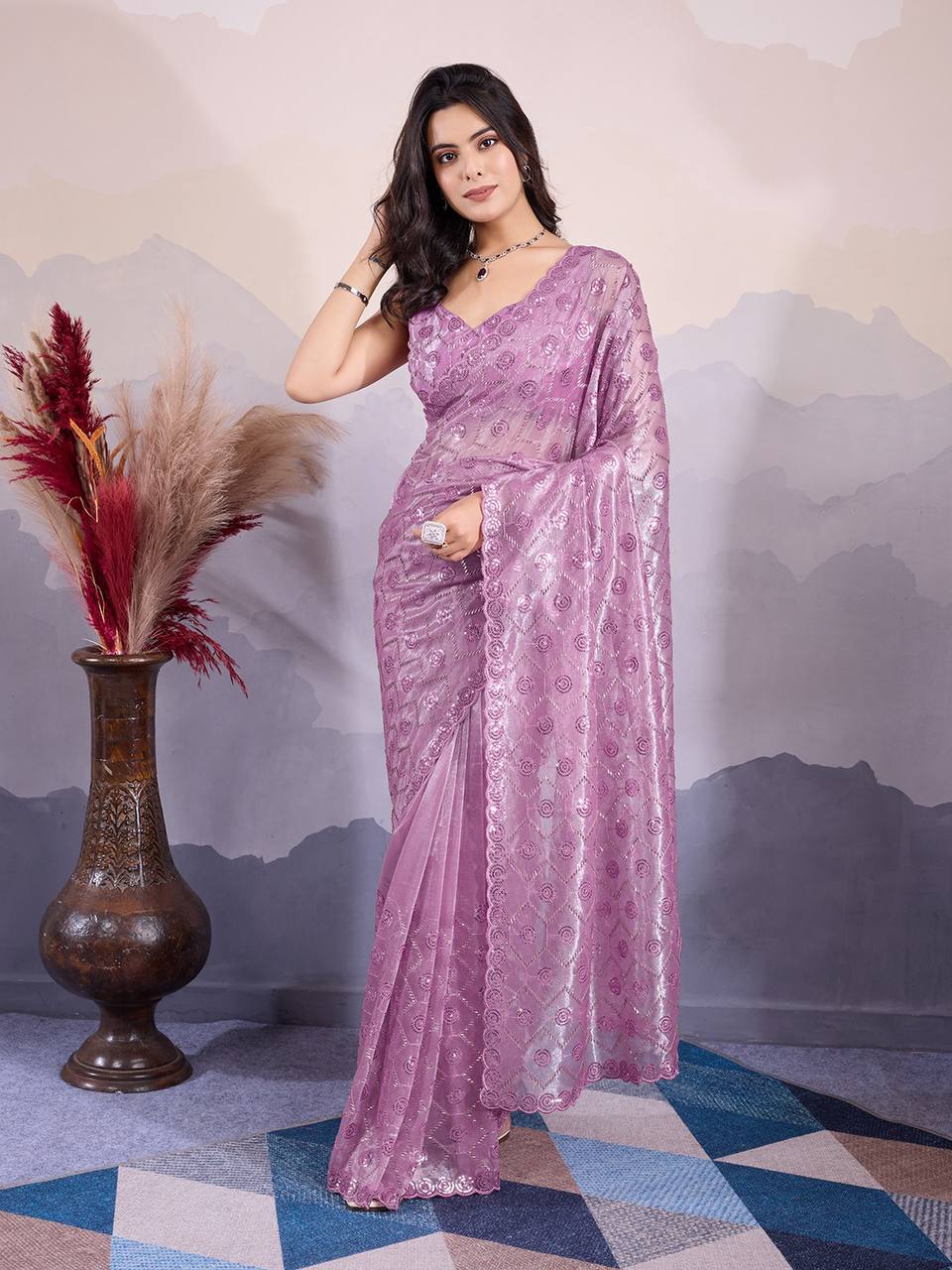 Onion Pink Party Wear Twill Net Saree