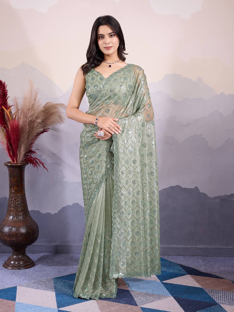 Green Party Wear Twill Net Saree