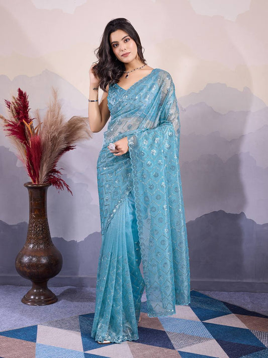 Teal Party Wear Twill Net Saree