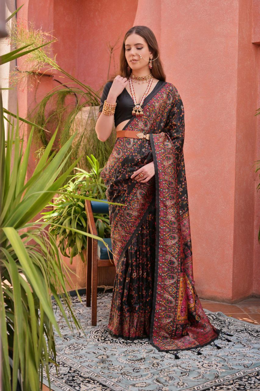 Black Pashmina Silk Saree For Wedding