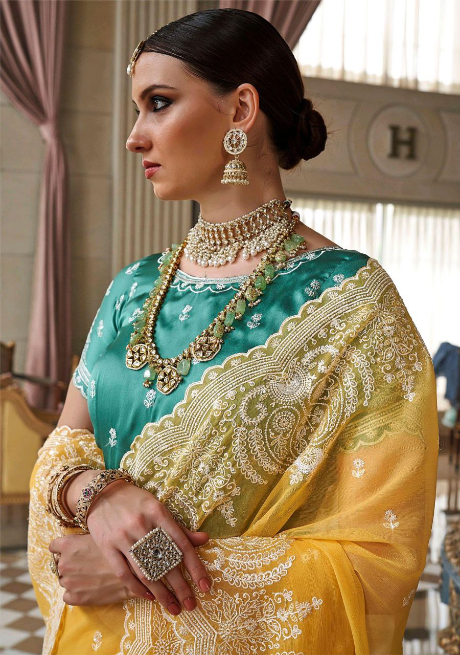 Yellow Designer Shimmer Silk Saree
