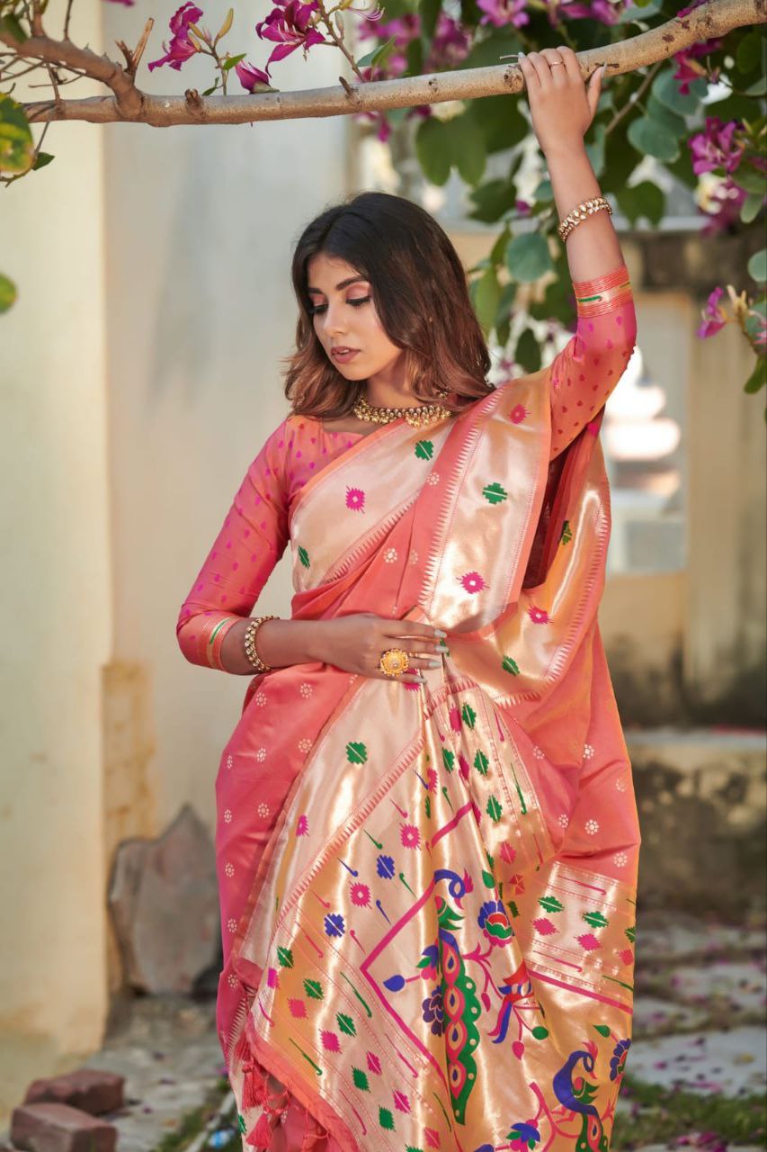 Peach Banarasi soft silk paithani saree