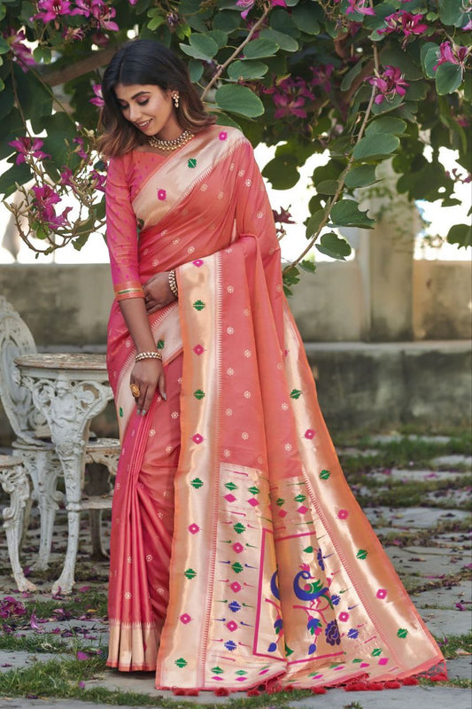 Peach Banarasi soft silk paithani saree