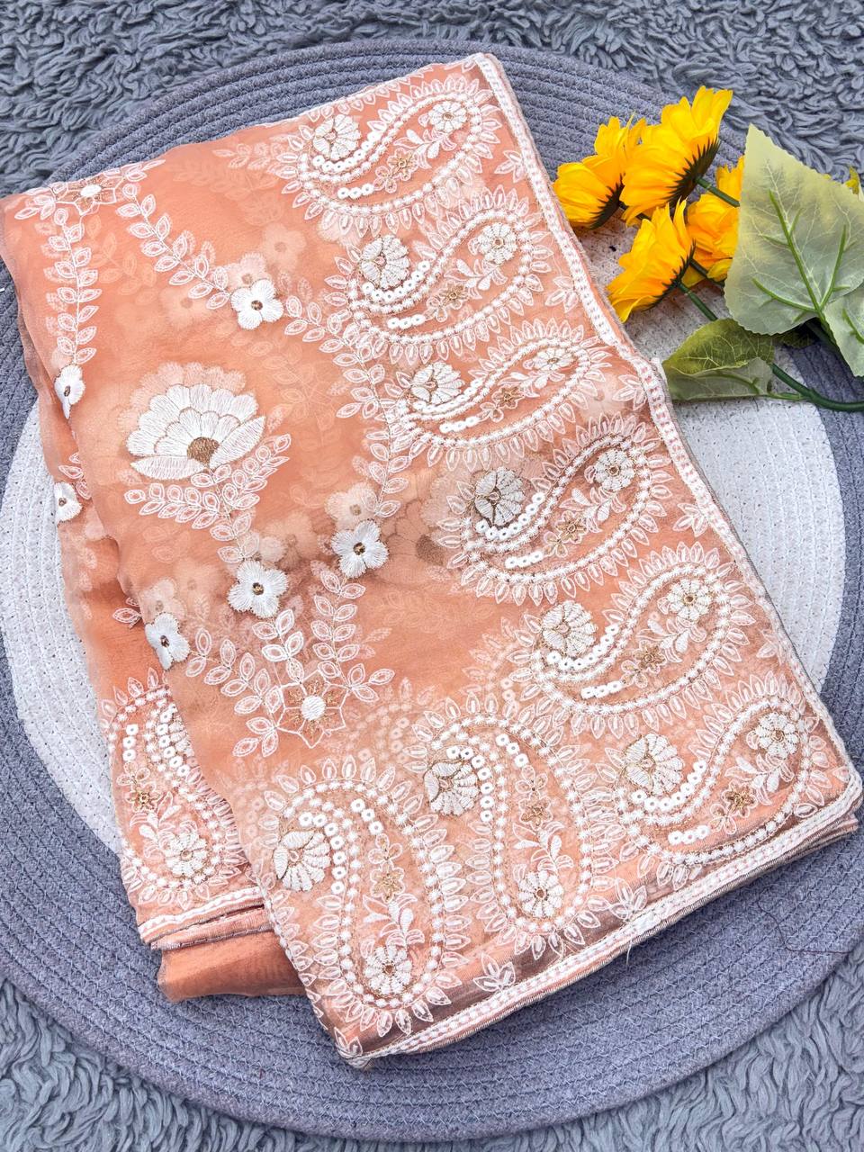 Peach Designer Chikankari Organza Silk Saree