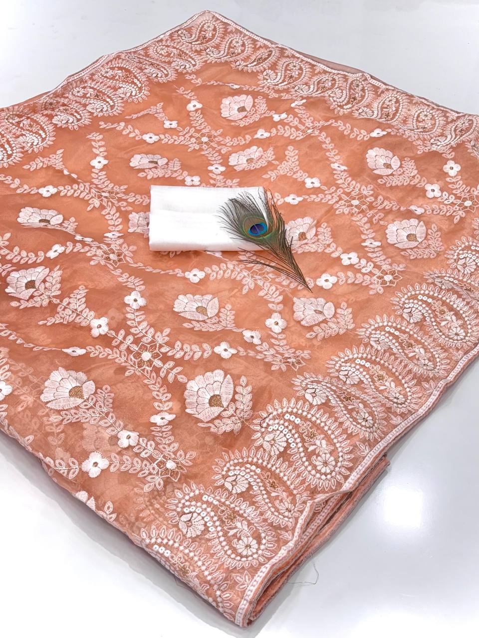 Peach Designer Chikankari Organza Silk Saree