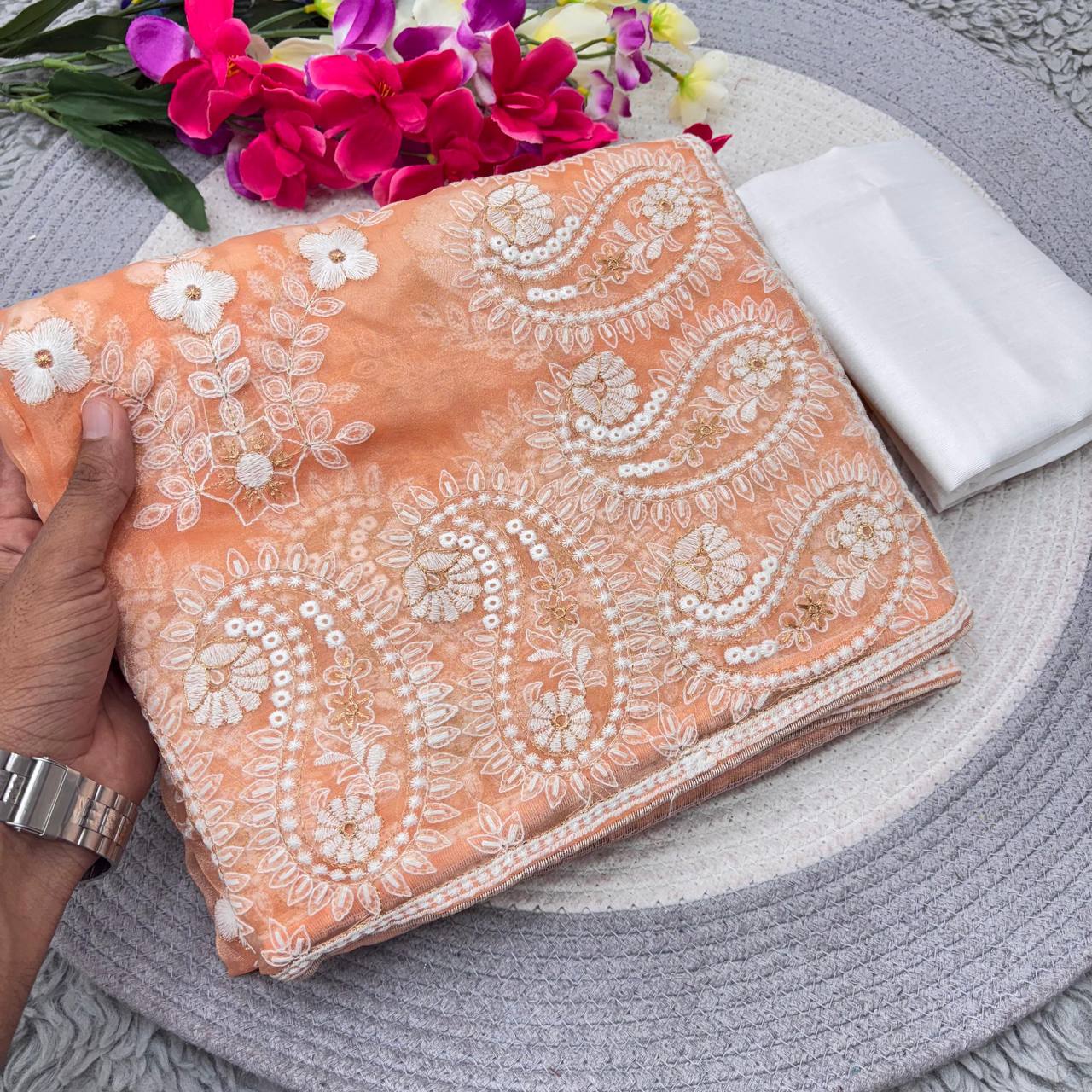 Peach Designer Chikankari Organza Silk Saree