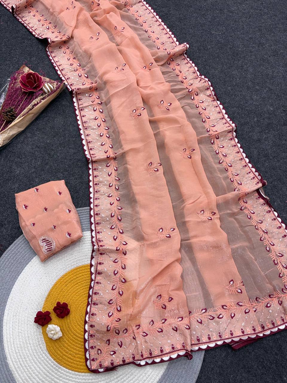 Peach Designer Crunchy Chiffon Silk Saree