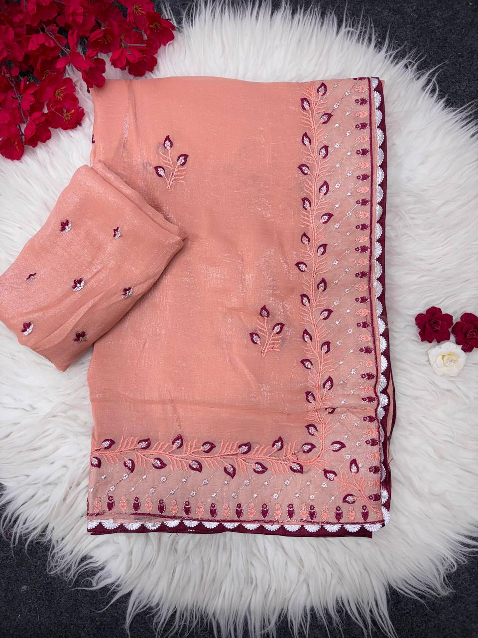 Peach Designer Crunchy Chiffon Silk Saree