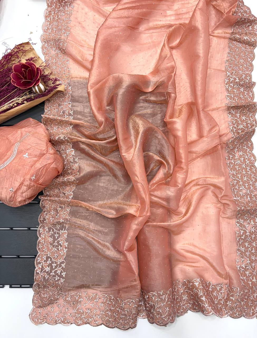 Peach Designer Cunchy Silk Saree