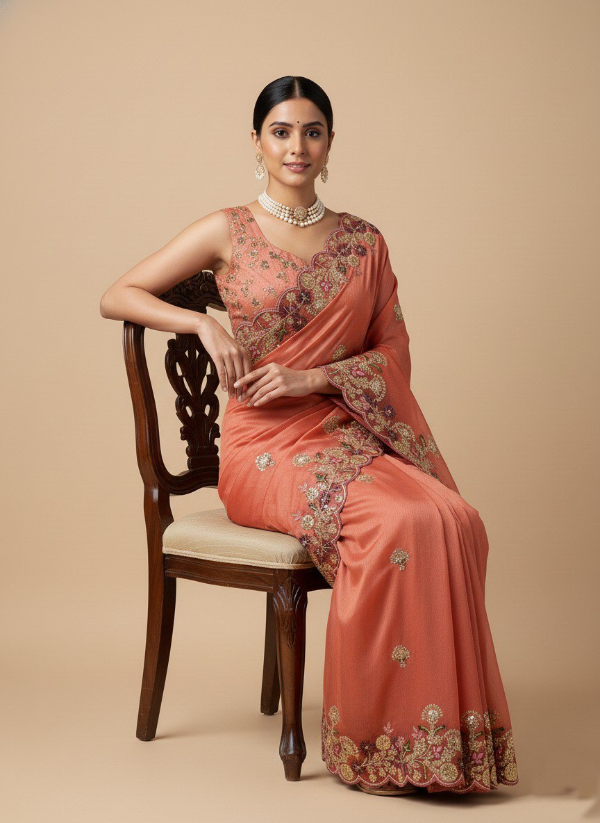 Peach Designer Fandy Chiffon Silk Saree