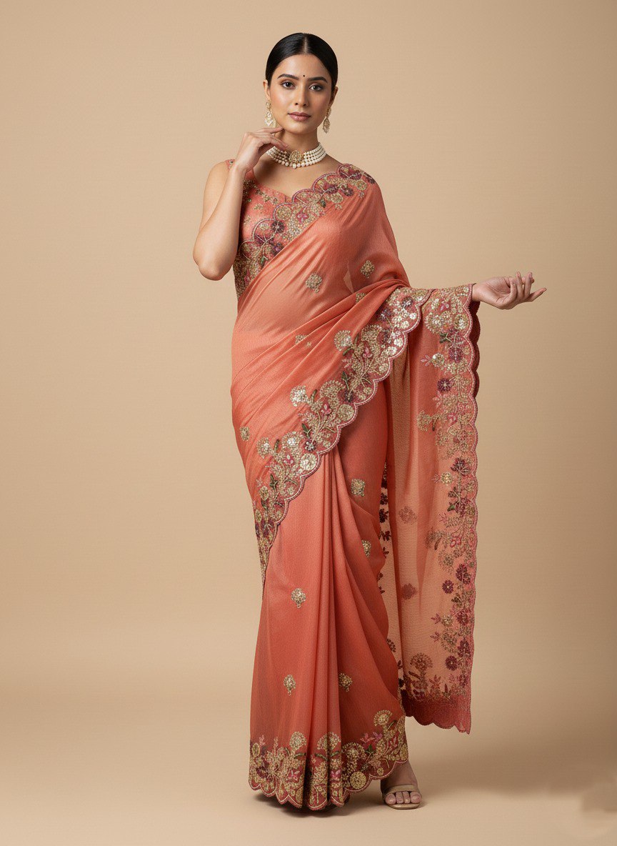 Peach Designer Fandy Chiffon Silk Saree