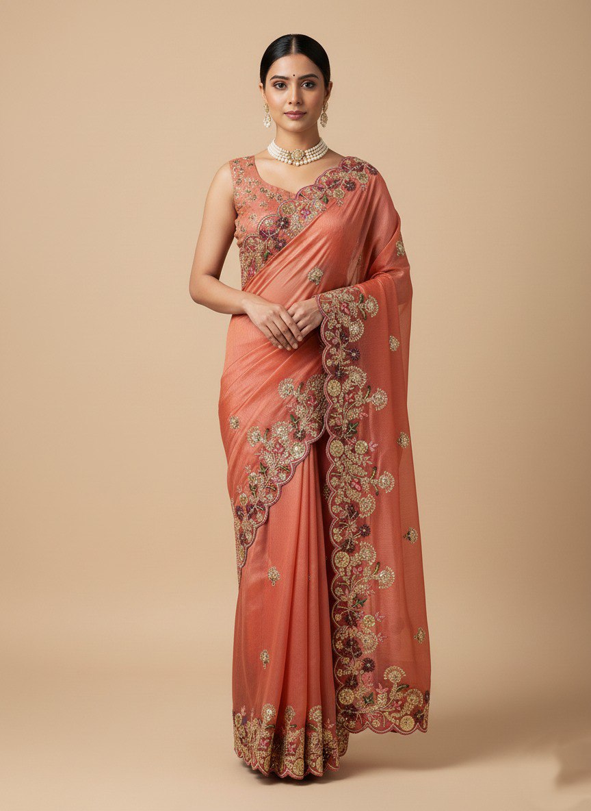 Peach Designer Fandy Chiffon Silk Saree