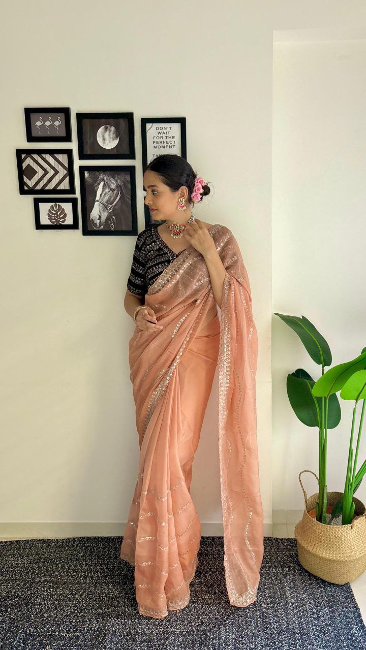 Peach Designer Organza Tabby Silk Saree