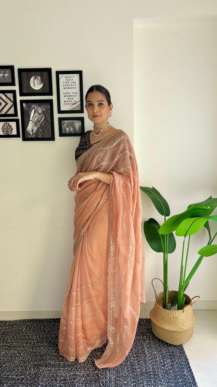 Peach Designer Organza Tabby Silk Saree