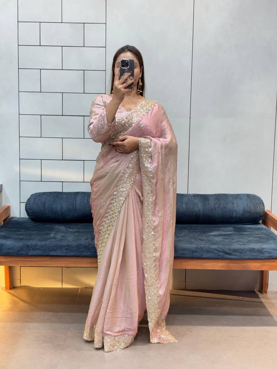 Peach Designer Two Tone Space Silk Saree