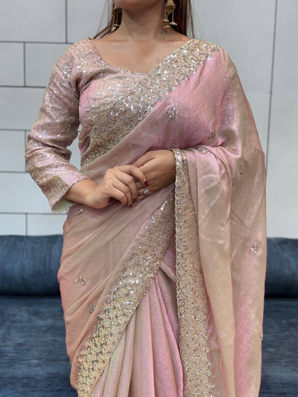 Peach Designer Two Tone Space Silk Saree