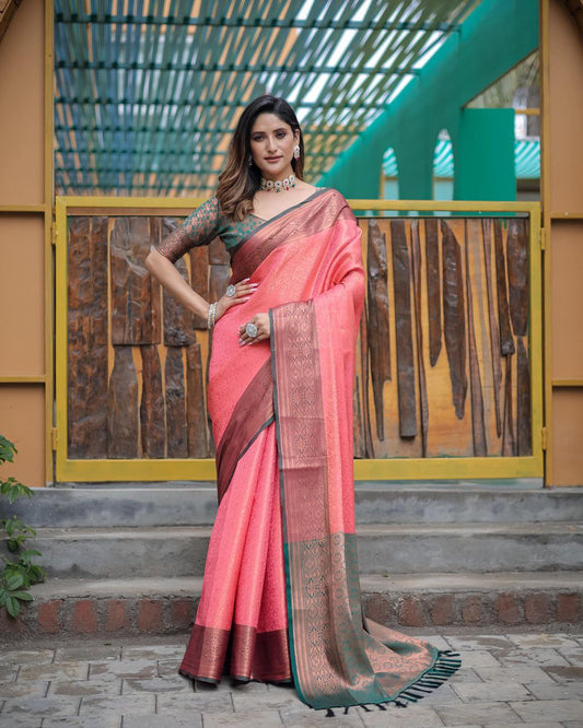 Peach Kubera Pattu Silk Saree