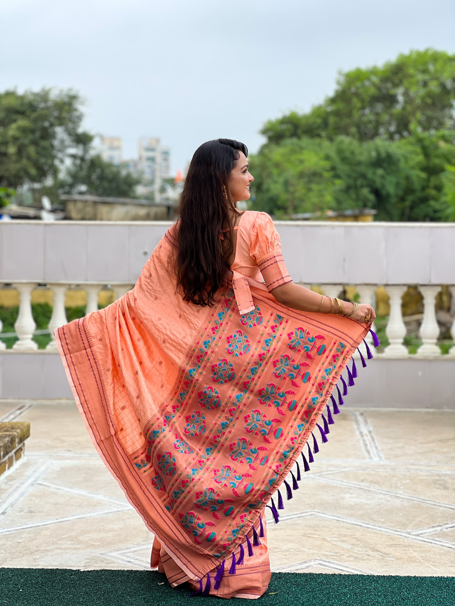 Peach Maharashtrian Paithani Silk Saree