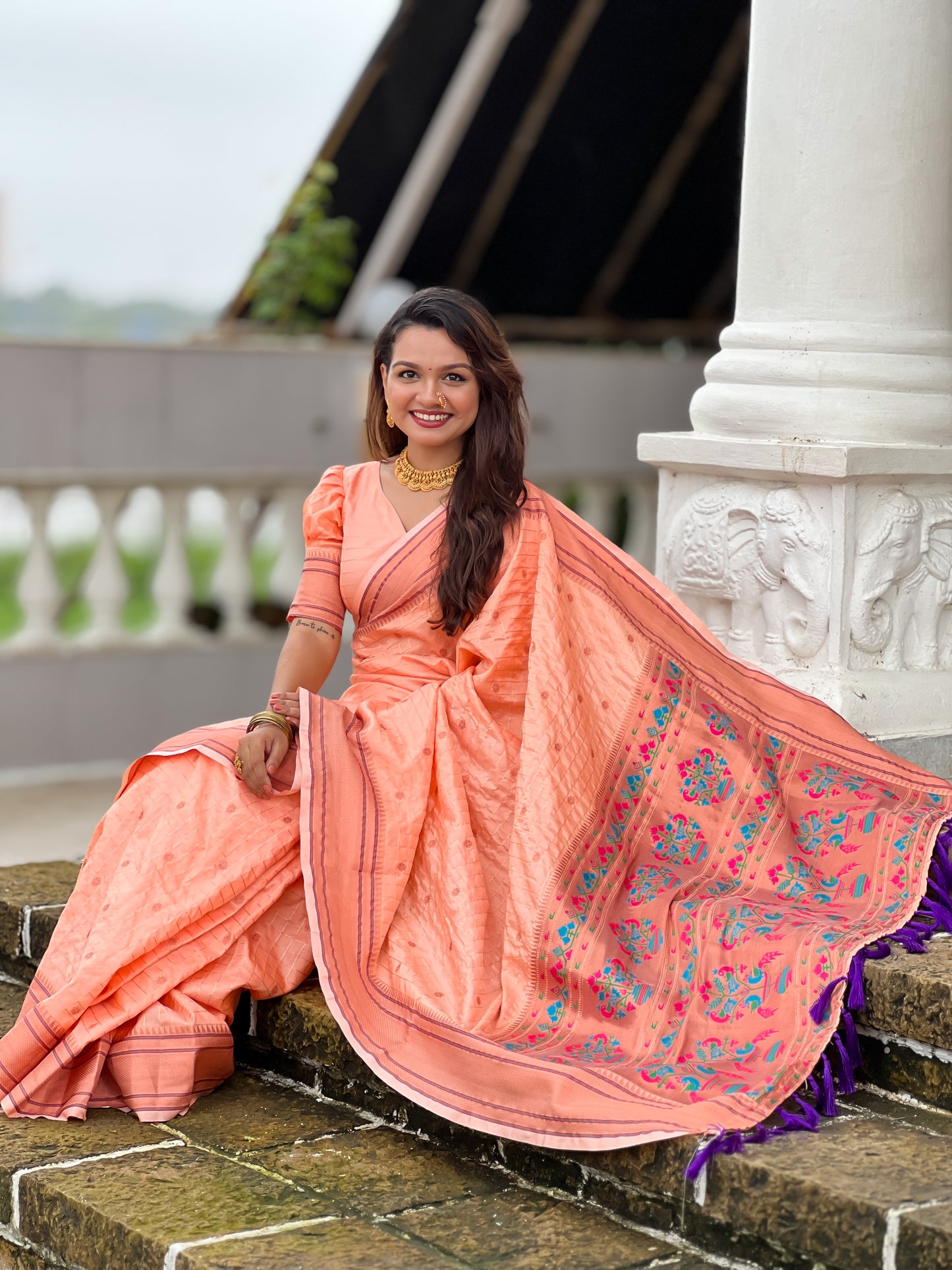 Peach Maharashtrian Paithani Silk Saree