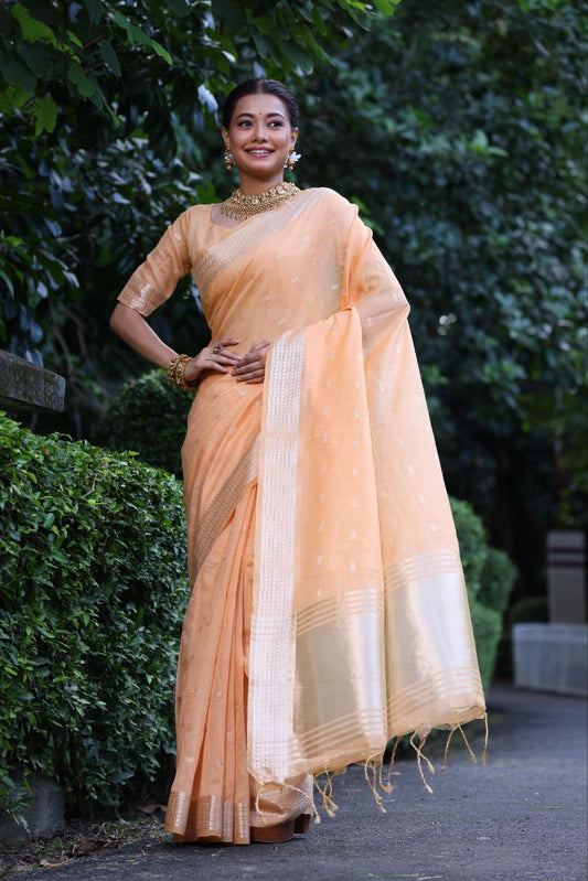 Peach Maheshwari Tissue Silk Weaving Saree