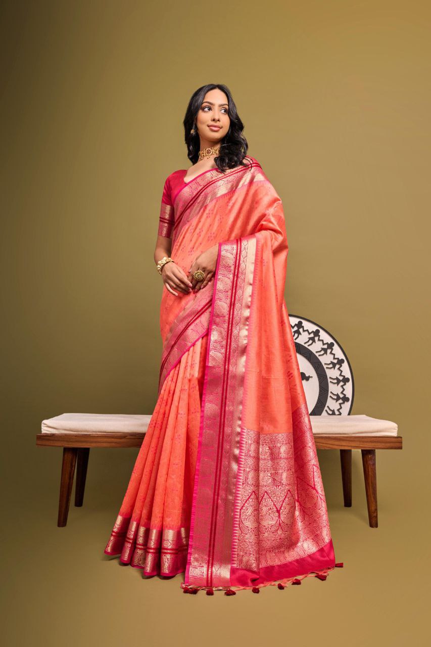 Peach Traditional Tussar Silk Saree