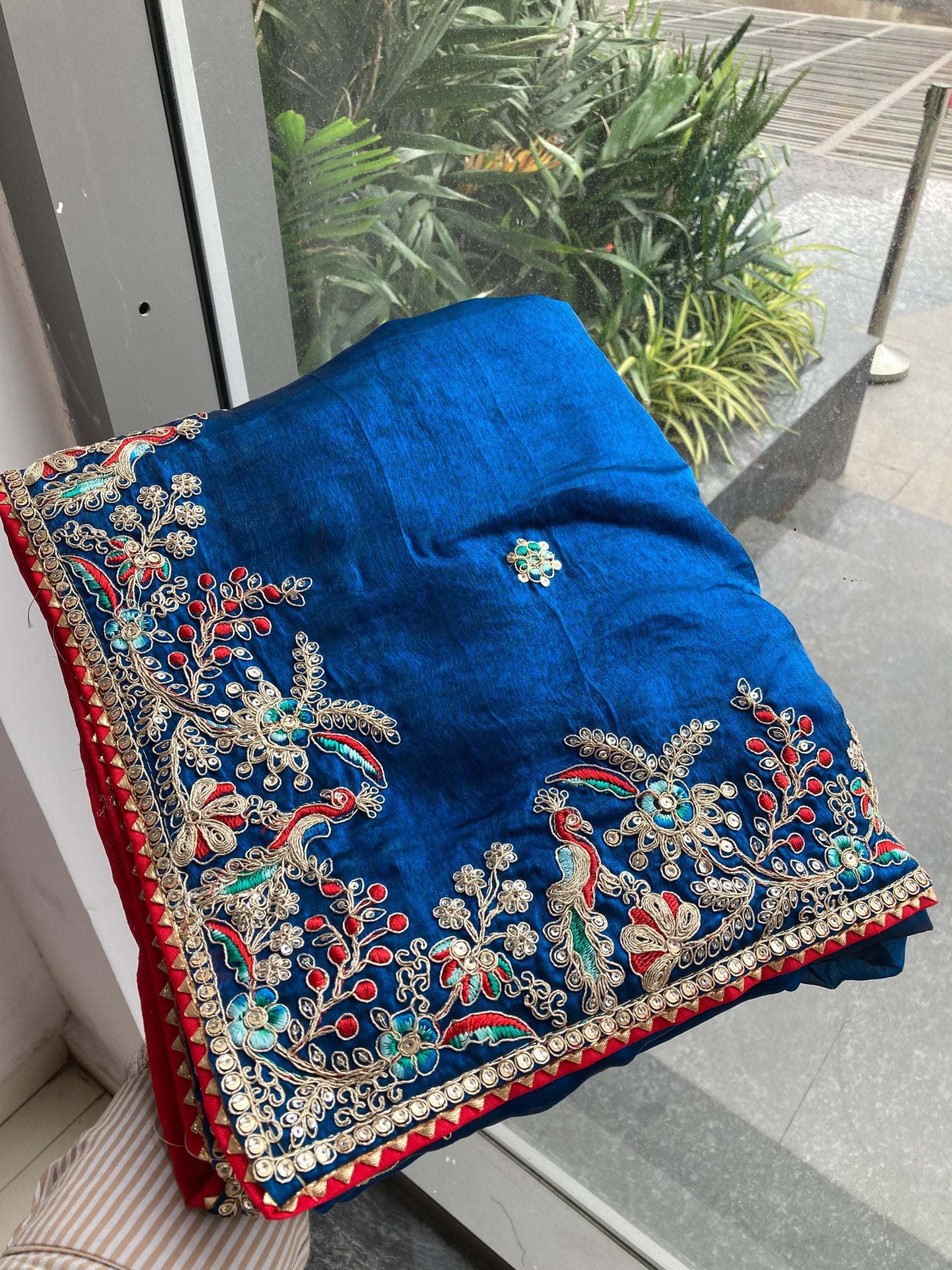 Peacock Blue Designer Fandy Chiffon Silk Saree