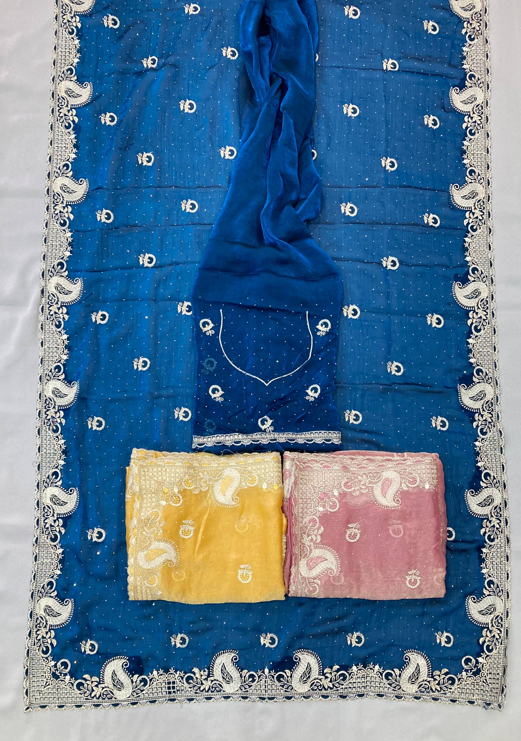 Peacock Blue Designer Fandy Chiffon Silk Saree