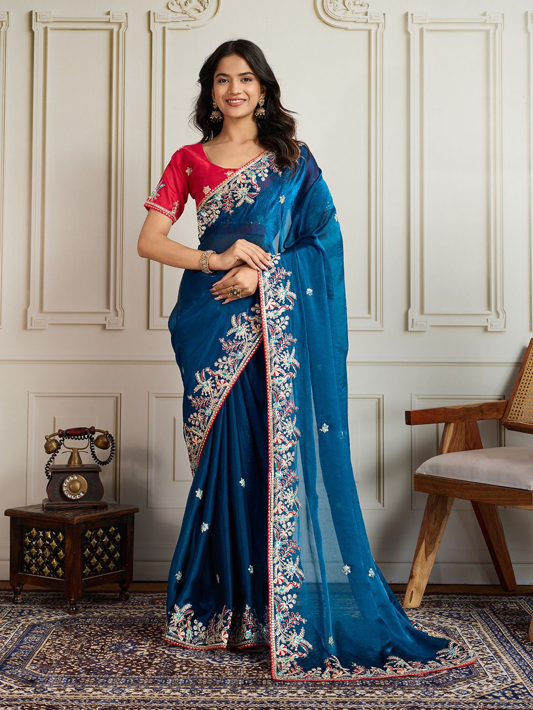 Peacock Blue Designer Fandy Chiffon Silk Saree