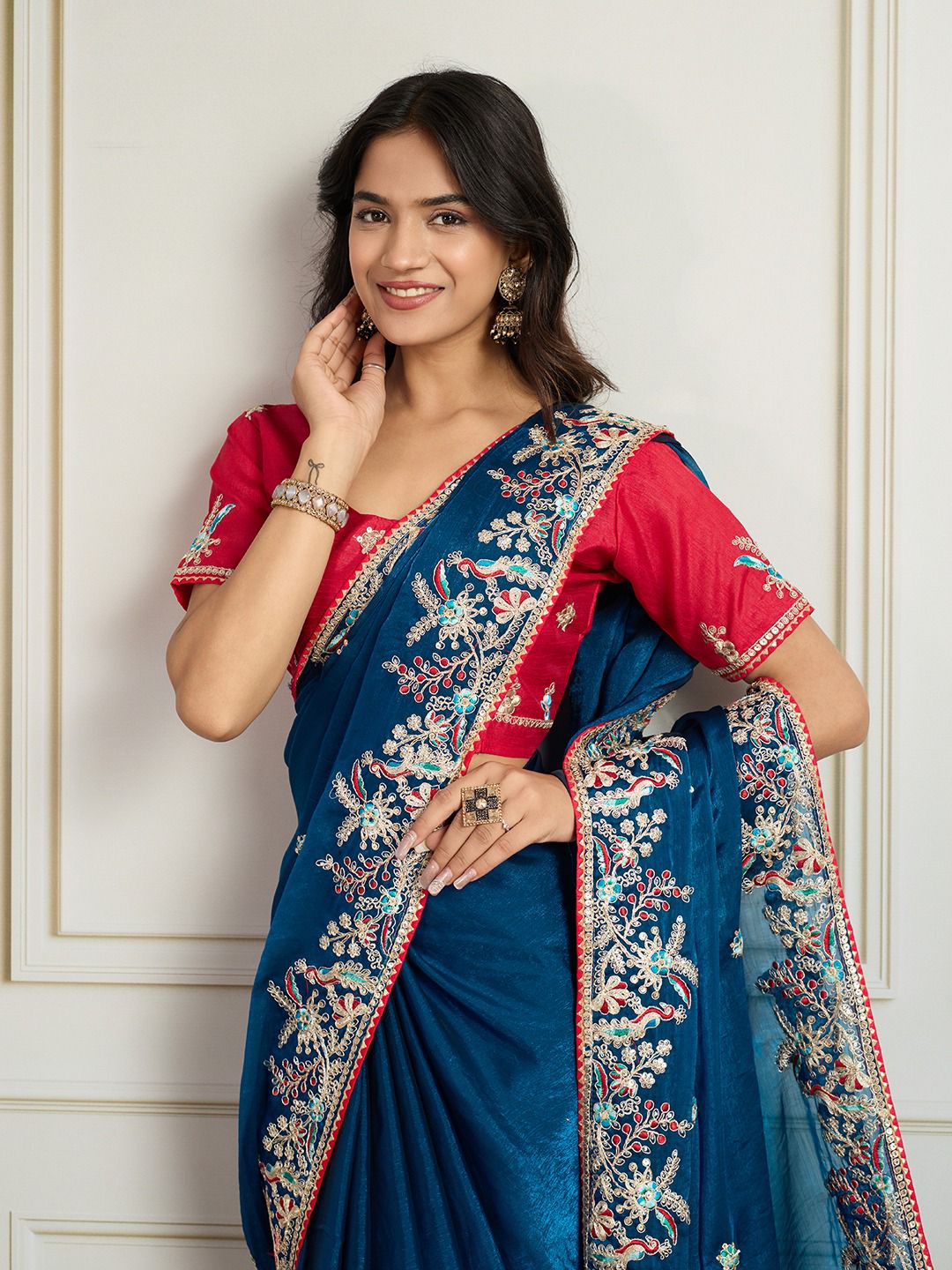 Peacock Blue Designer Fandy Chiffon Silk Saree