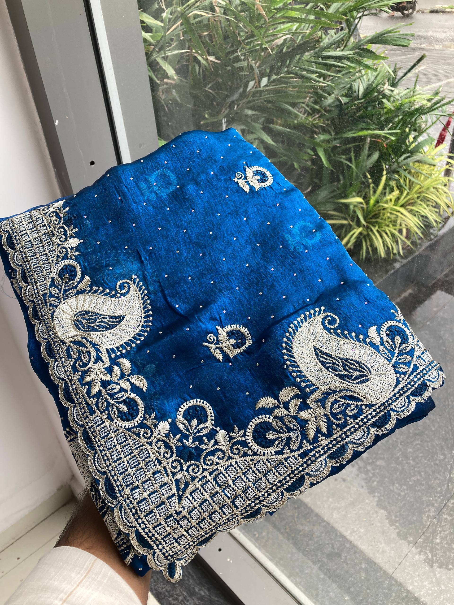 Peacock Blue Designer Fandy Chiffon Silk Saree