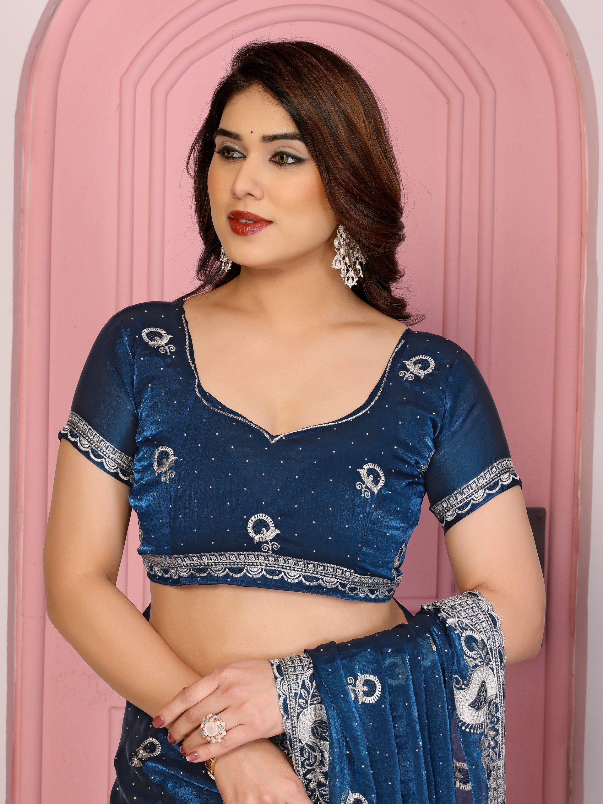 Peacock Blue Designer Fandy Chiffon Silk Saree