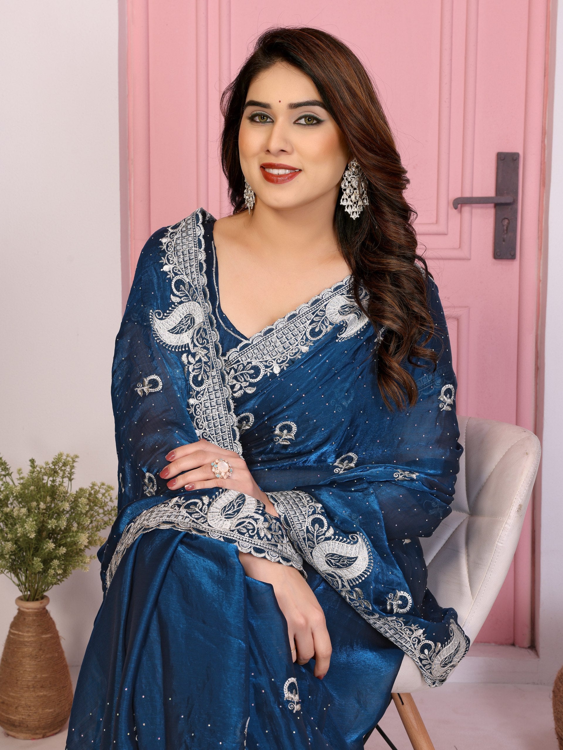 Peacock Blue Designer Fandy Chiffon Silk Saree