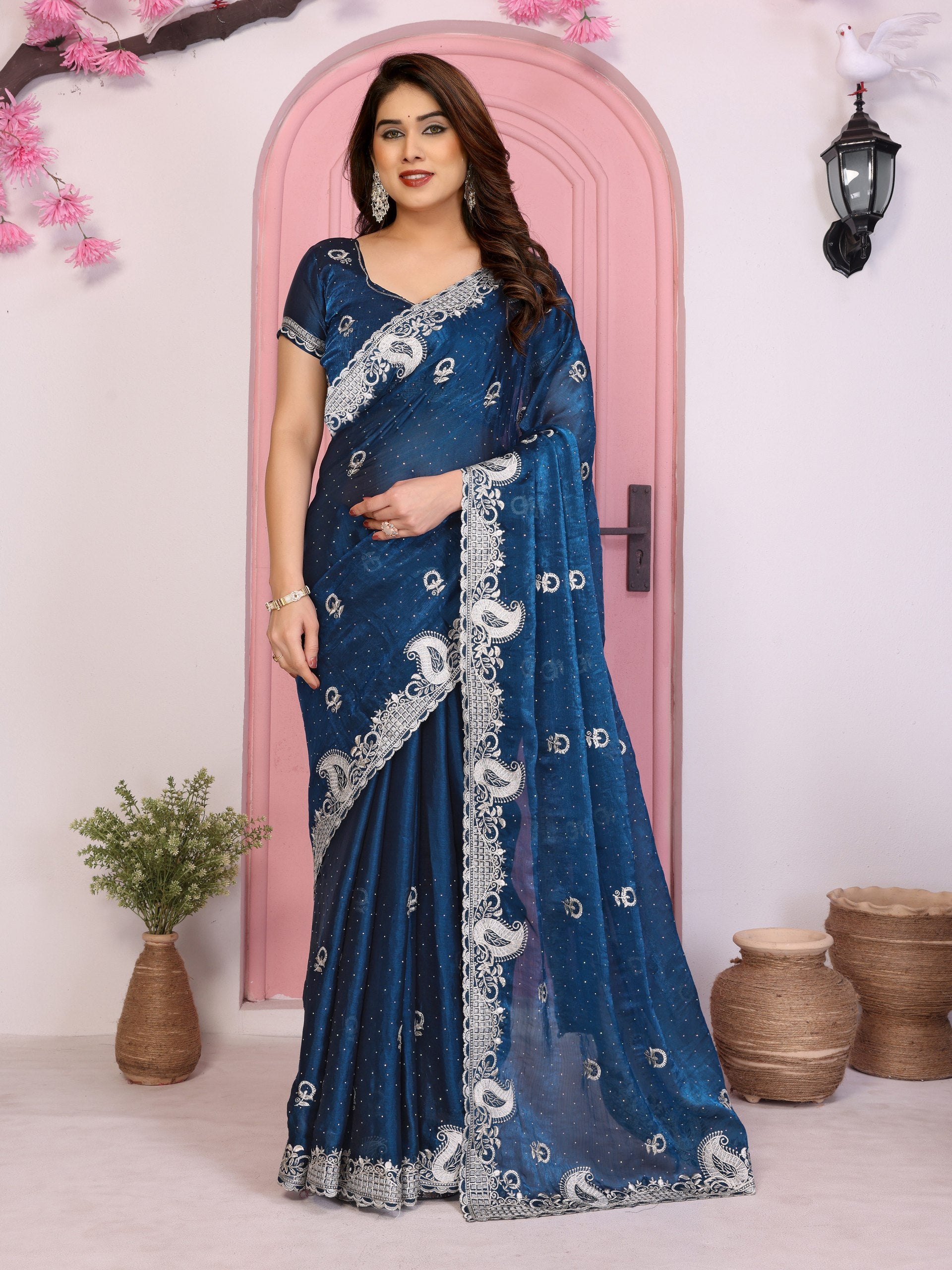 Peacock Blue Designer Fandy Chiffon Silk Saree