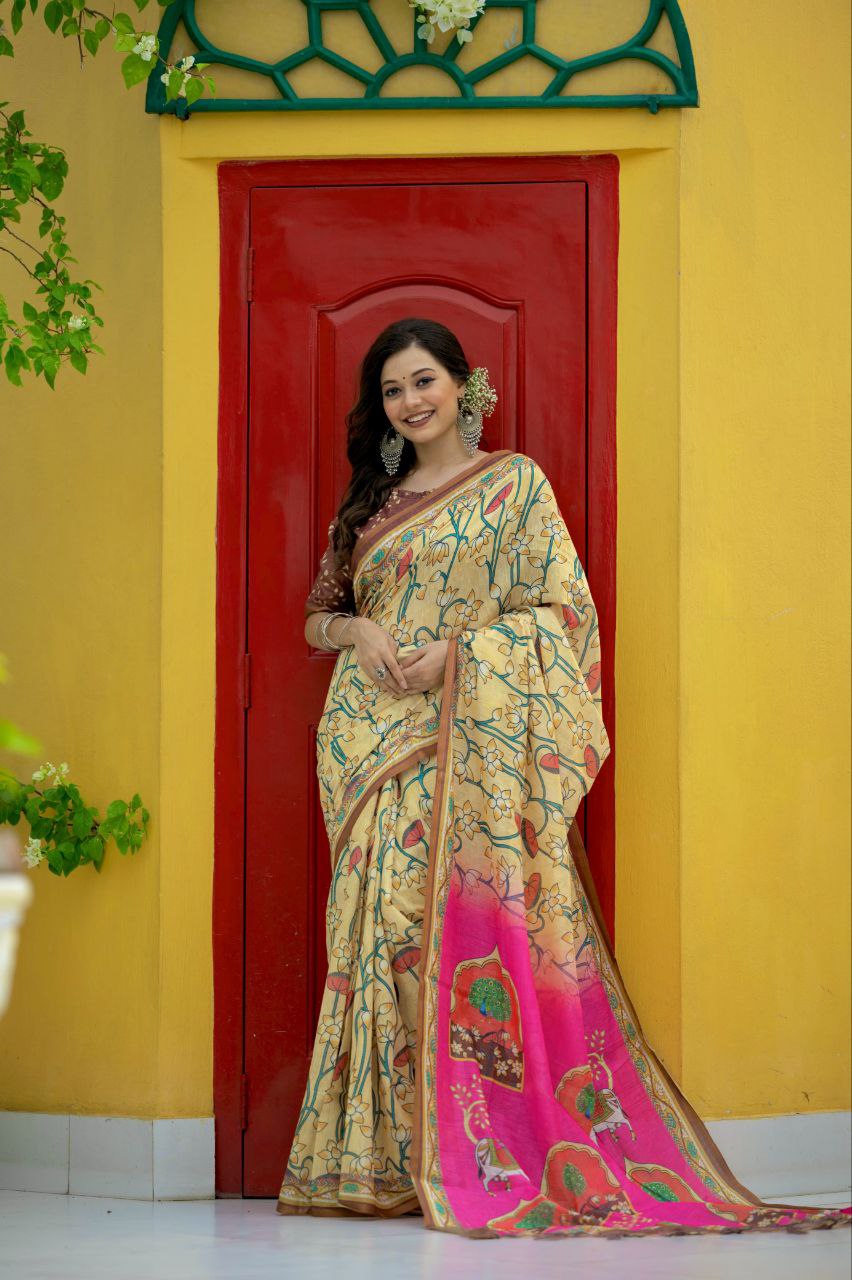 Pichwai Printed Mul Linen Cotton Saree