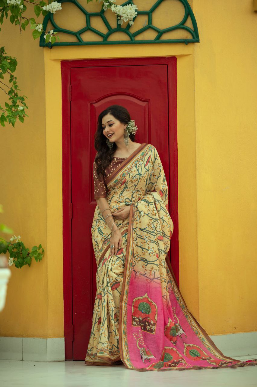 Pichwai Printed Mul Linen Cotton Saree