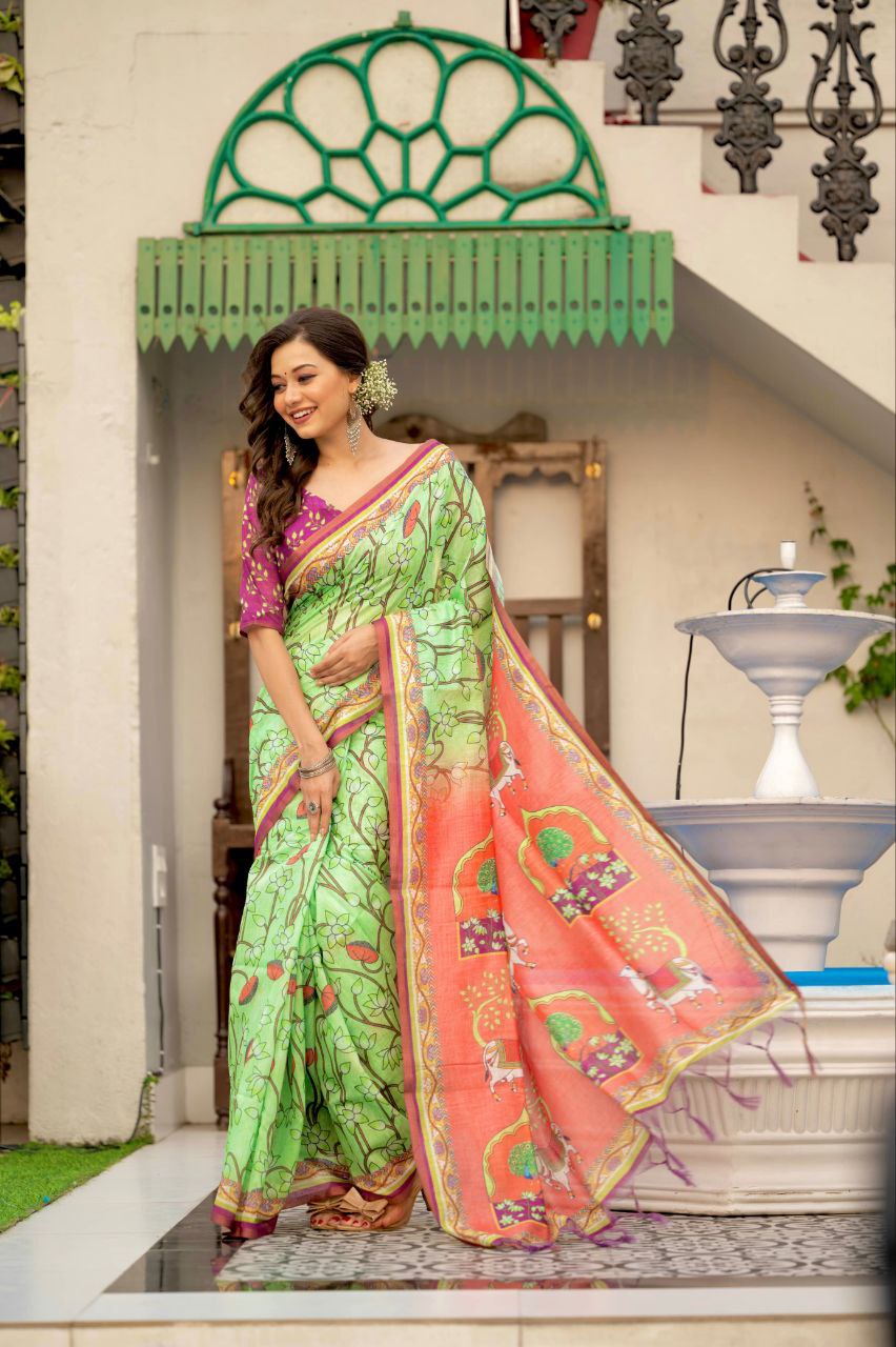 Pichwai Printed Mul Linen Cotton Saree