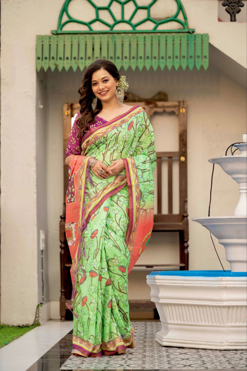 Pichwai Printed Mul Linen Cotton Saree